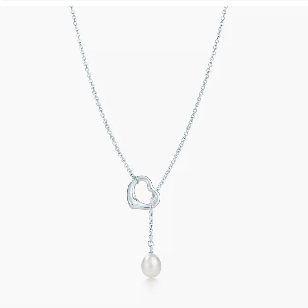 Tiffany Elsa Peretti Open Heart Lariat Necklace (Silver with Freshwater Pearl)